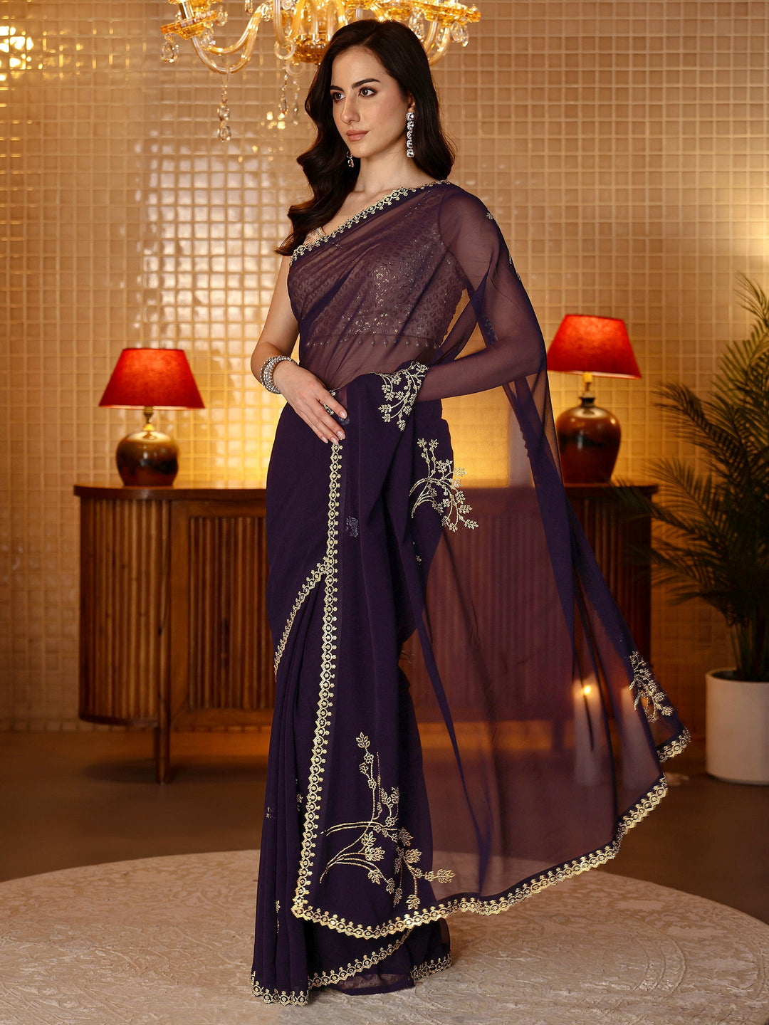  Purple Floral Embellished Georgette Saree 