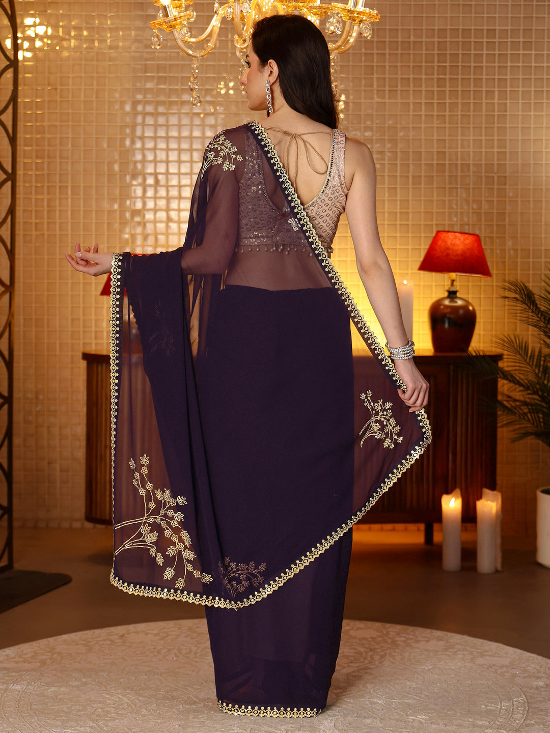  Purple Floral Embellished Georgette Saree 