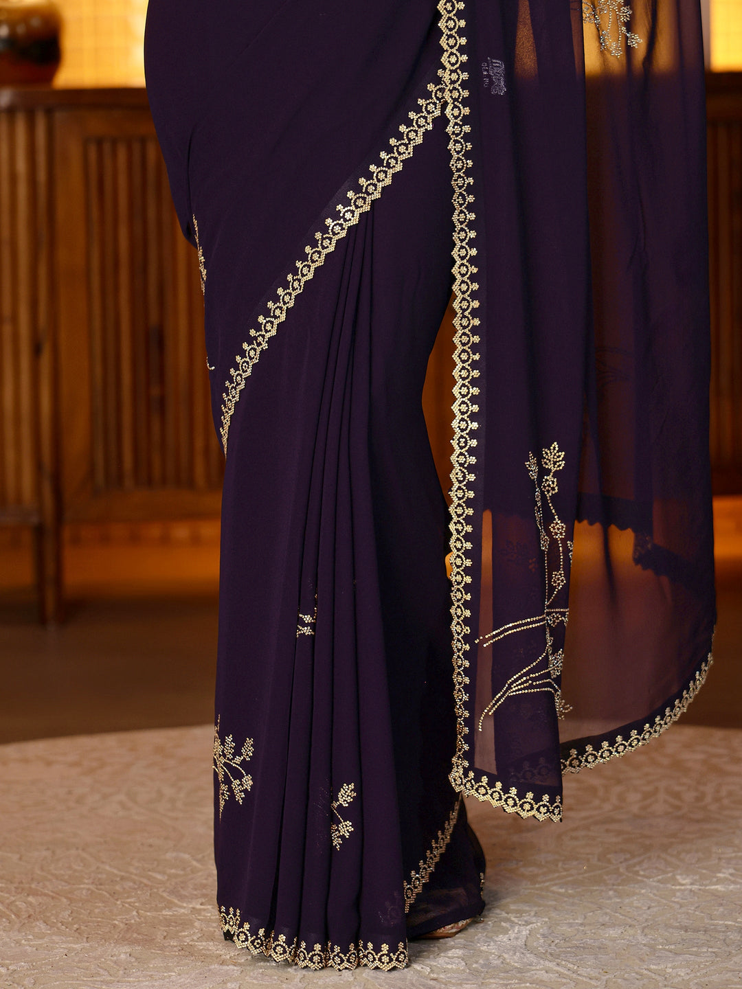  Purple Floral Embellished Georgette Saree 