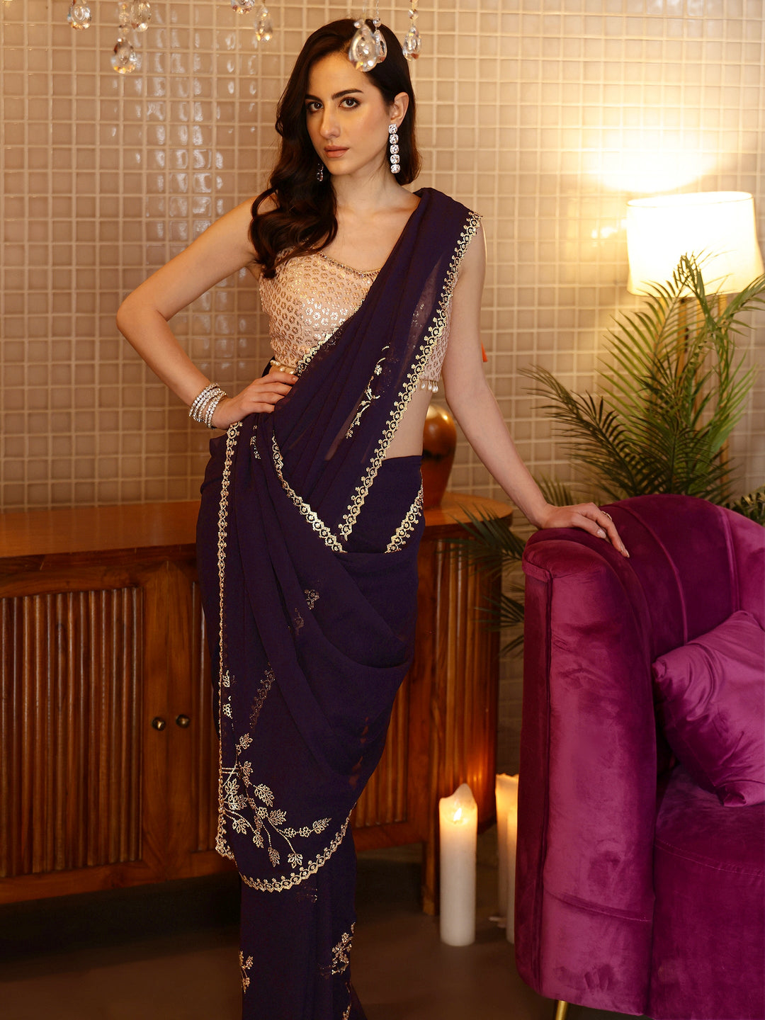  Purple Floral Embellished Georgette Saree 