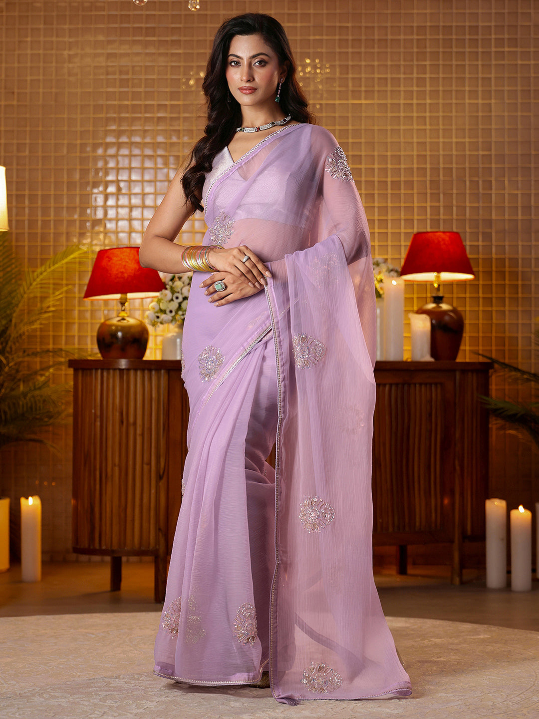  Libas Lavender Ethnic Embellished Silk Blend Saree 