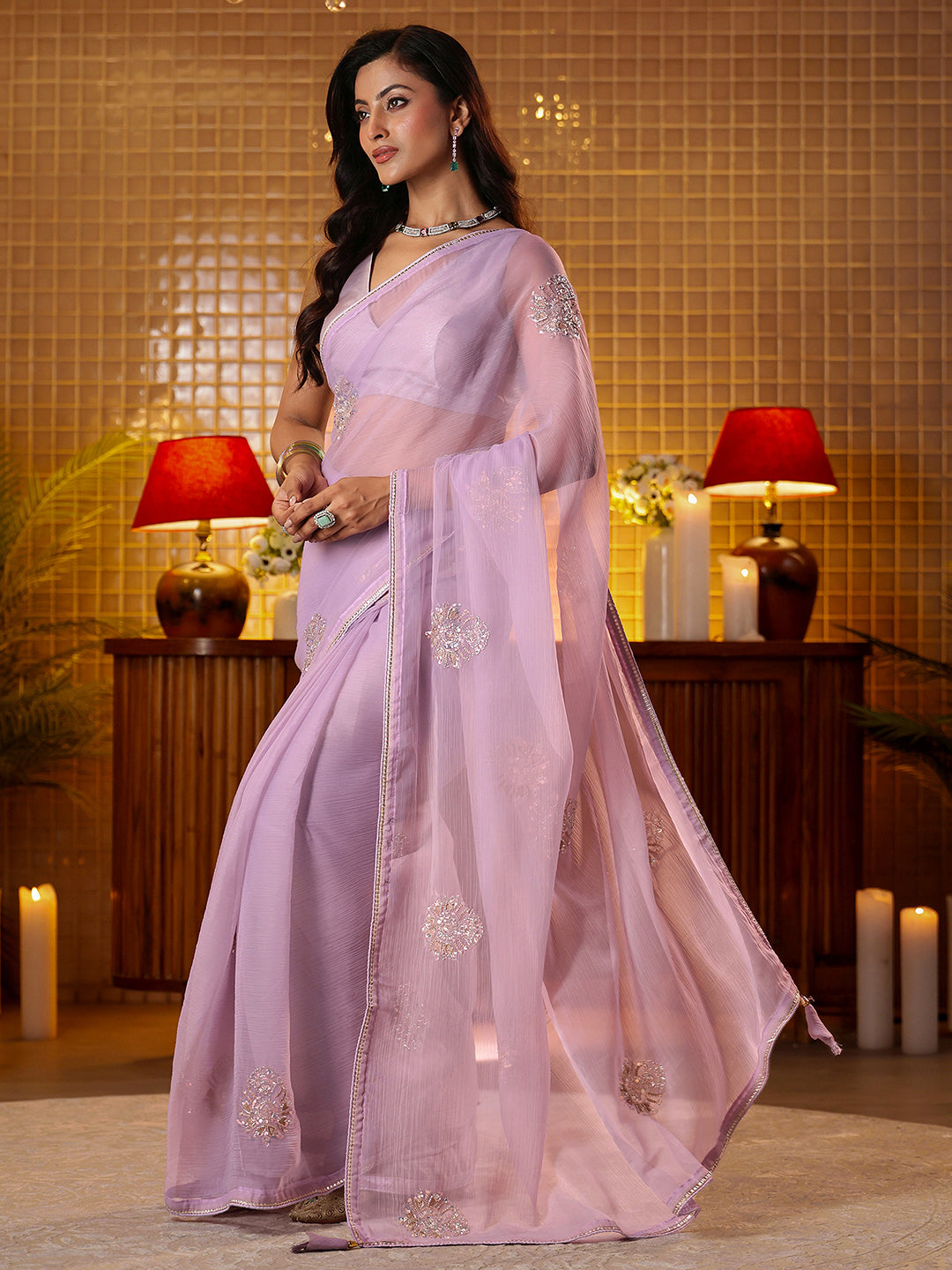  Libas Lavender Ethnic Embellished Silk Blend Saree 