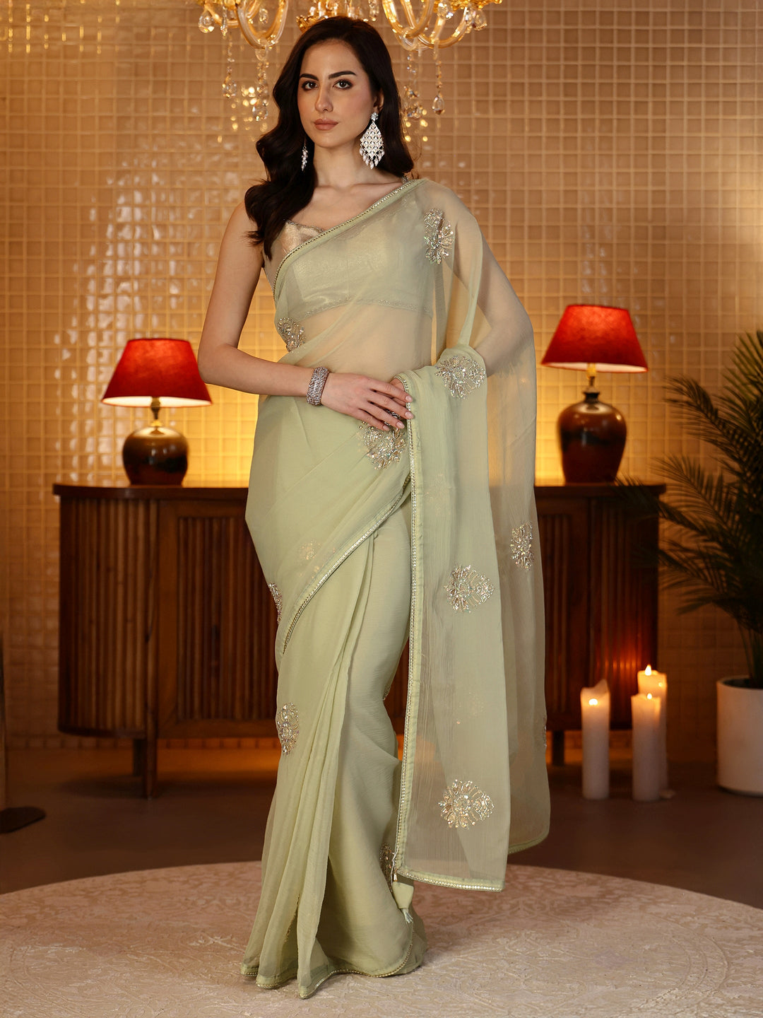  Pista Green Embellished Silk Blend Saree 