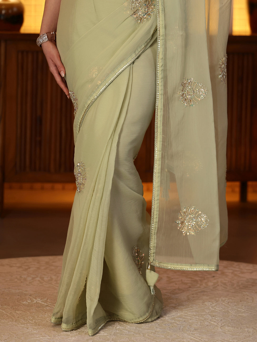  Pista Green Embellished Silk Blend Saree 