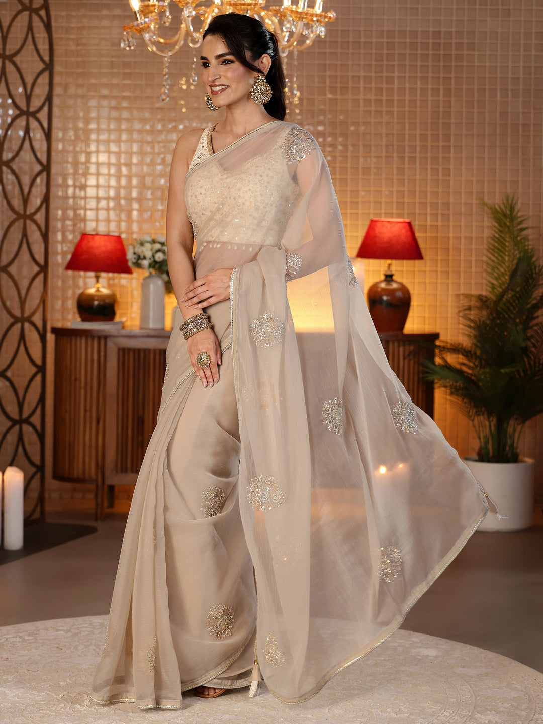  Taupe Embellished Silk Blend Saree 