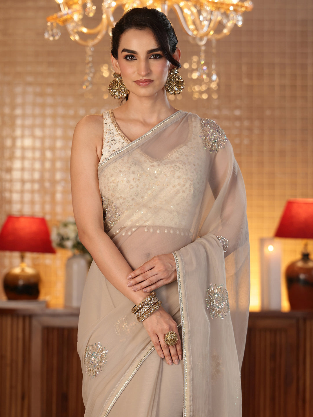  Taupe Embellished Silk Blend Saree 