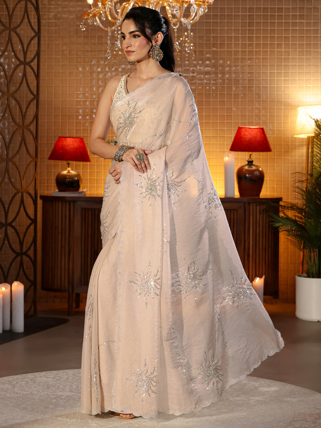  Beige Embellished Silk Blend Saree 