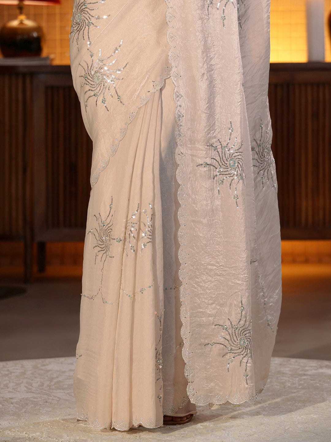 Beige Embellished Silk Blend Saree 