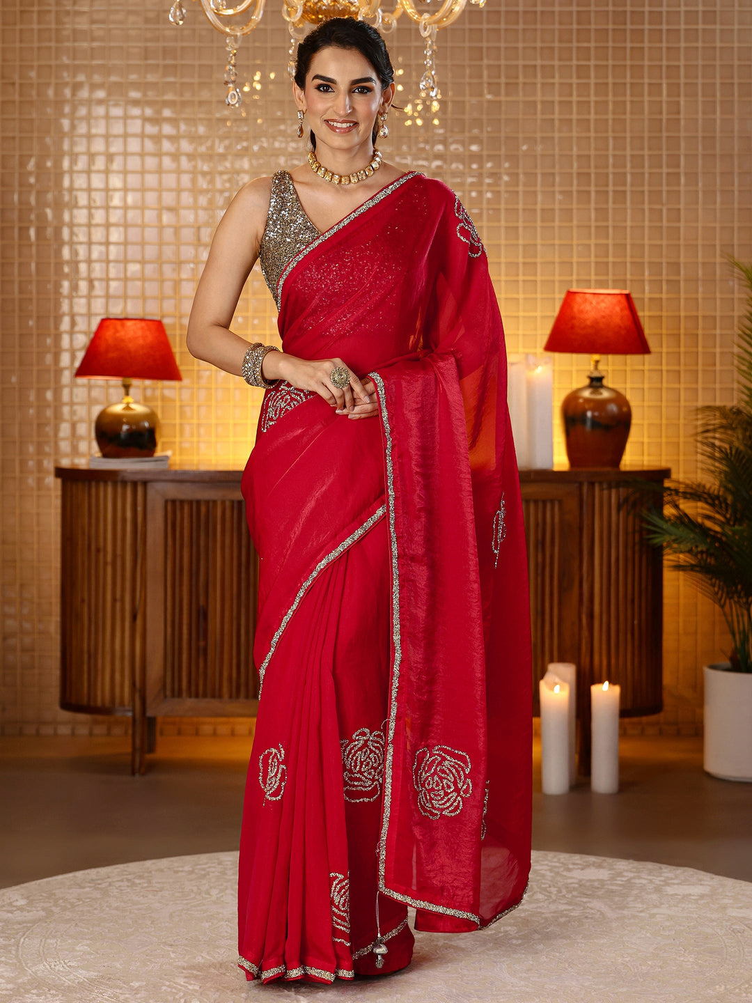  Cherry Red Embellished Silk Blend Saree 