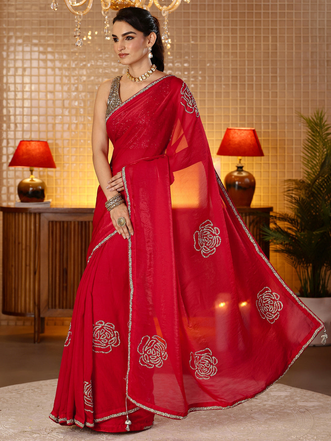  Cherry Red Embellished Silk Blend Saree 