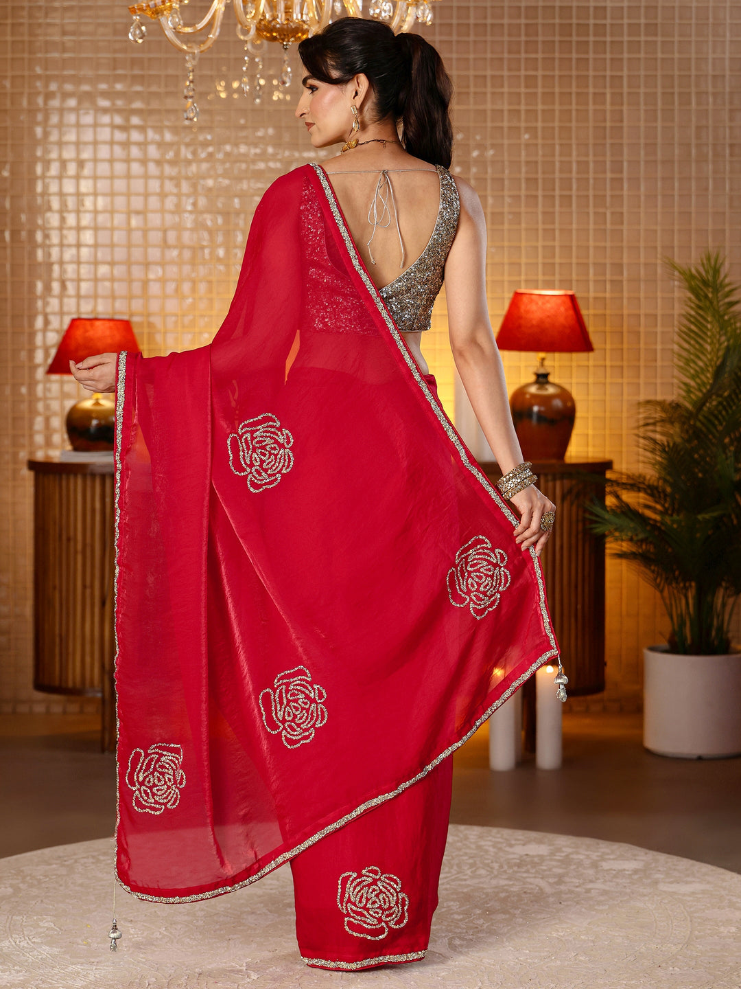  Cherry Red Embellished Silk Blend Saree 