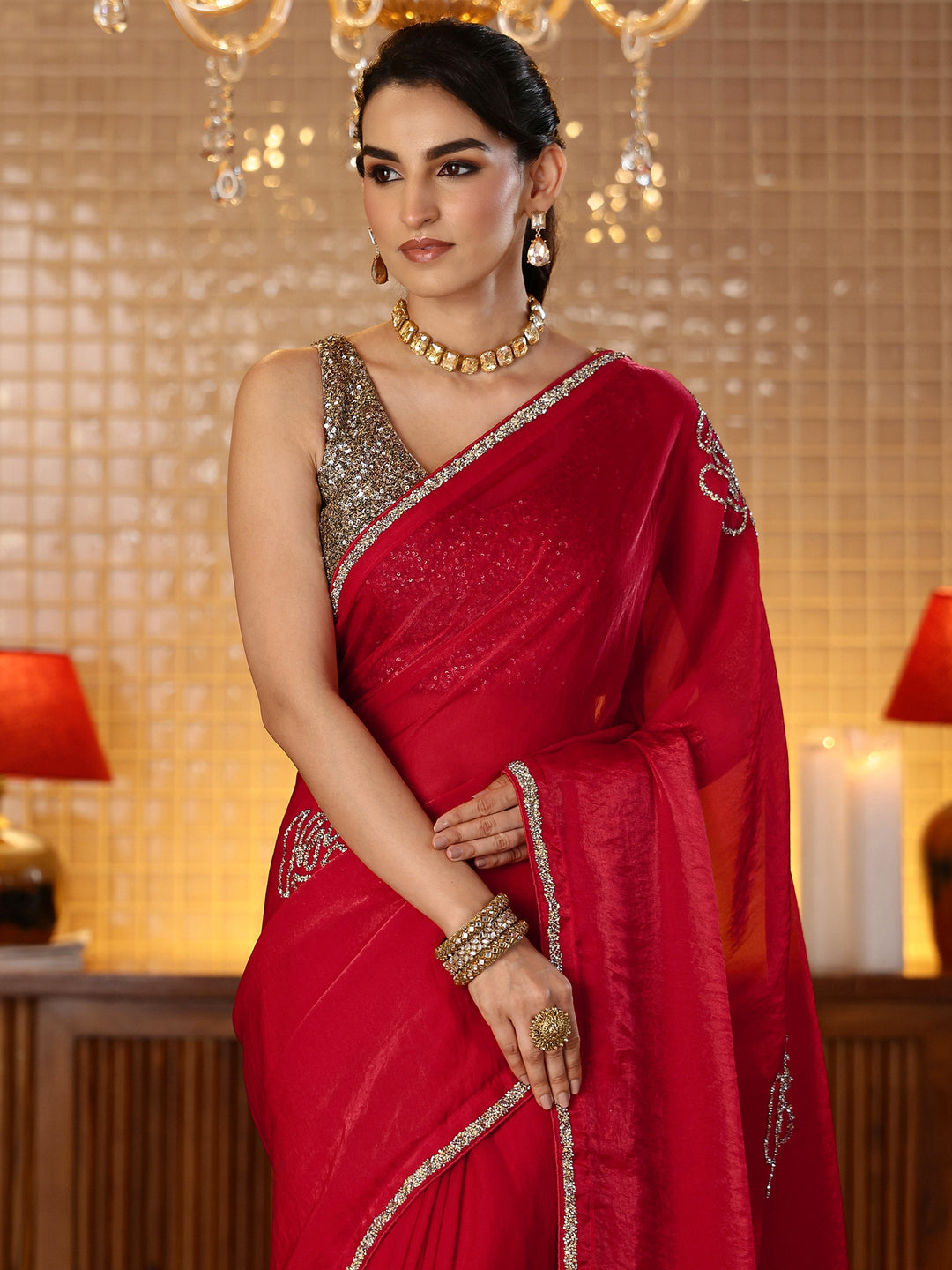  Cherry Red Embellished Silk Blend Saree 