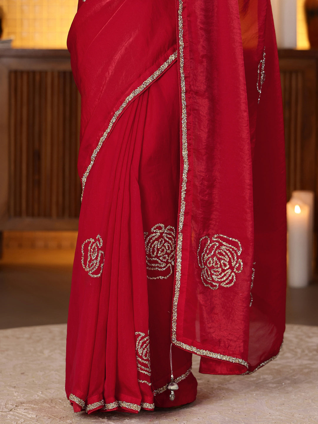  Cherry Red Embellished Silk Blend Saree 
