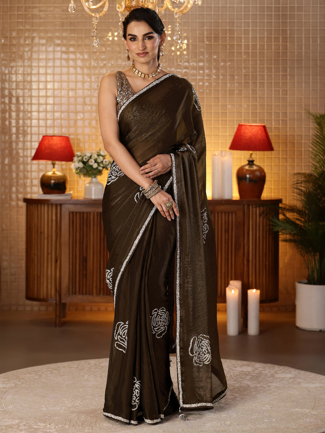  Brown Embellished Silk Blend Saree 