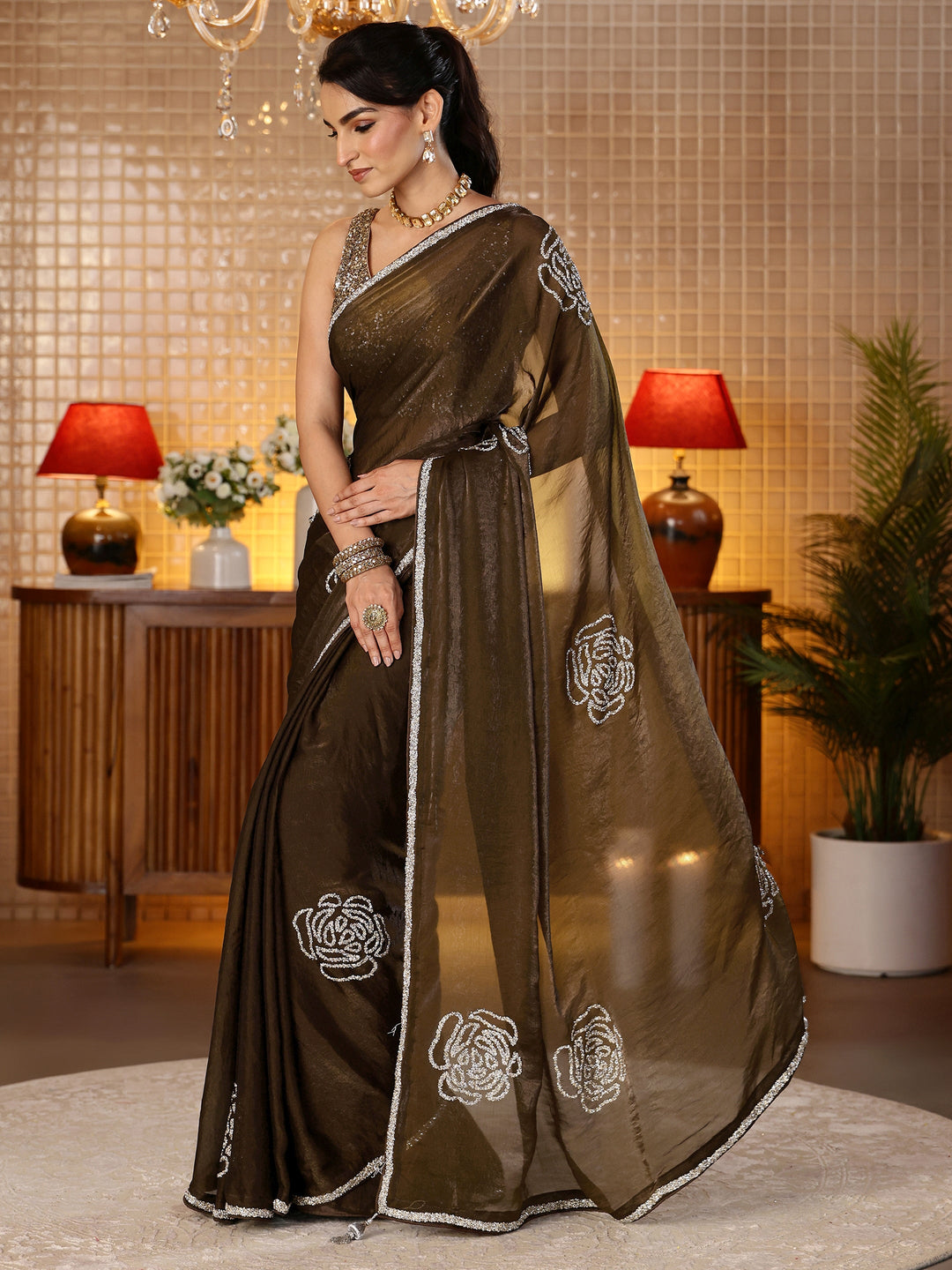  Brown Embellished Silk Blend Saree 