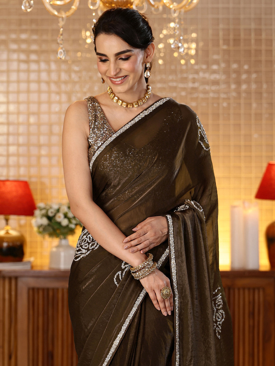  Brown Embellished Silk Blend Saree 