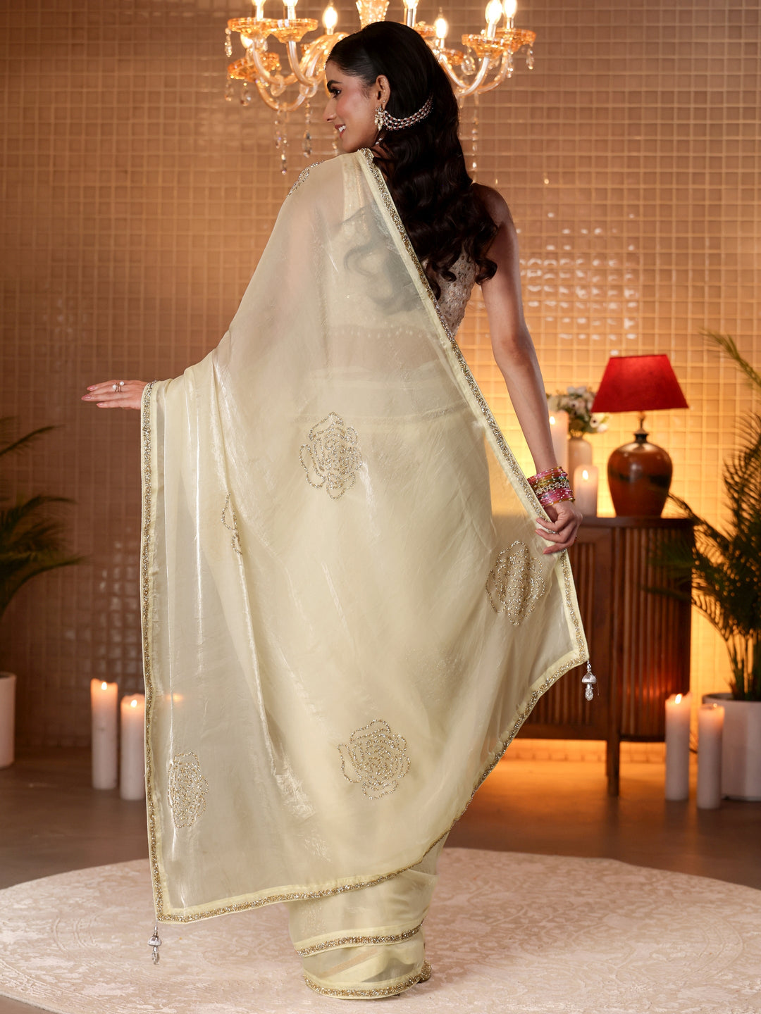  Cream Embellished Silk Blend Saree 