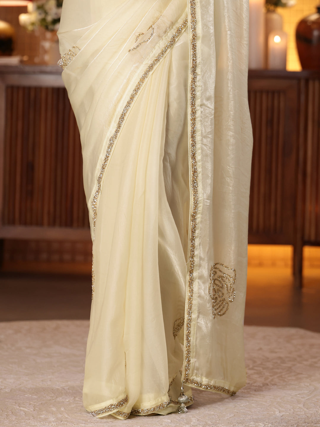  Cream Embellished Silk Blend Saree 