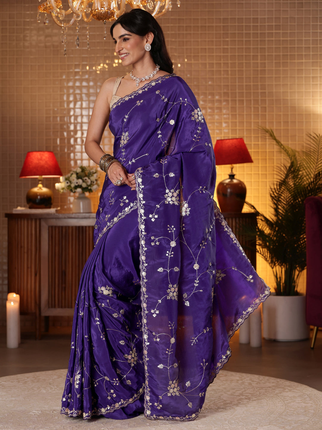  Purple Embellished Silk Blend Saree 