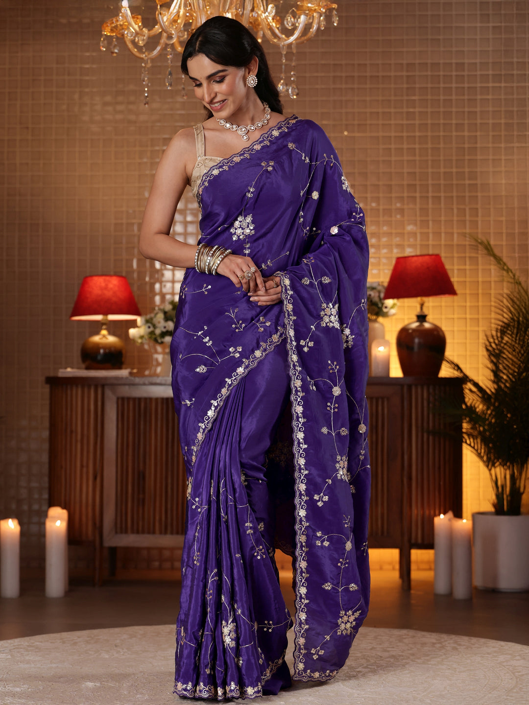  Purple Embellished Silk Blend Saree 