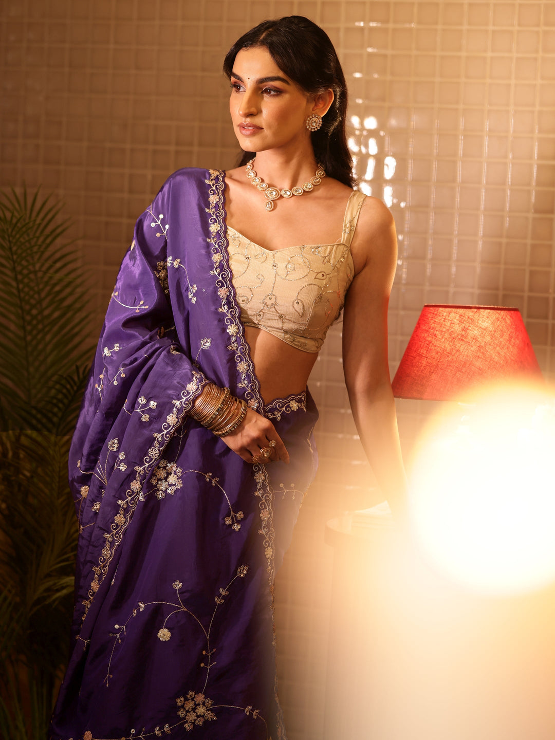  Purple Embellished Silk Blend Saree 