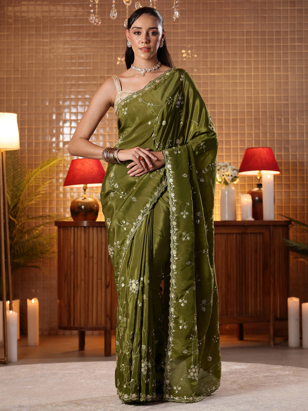  Green Embellished Silk Blend Saree 