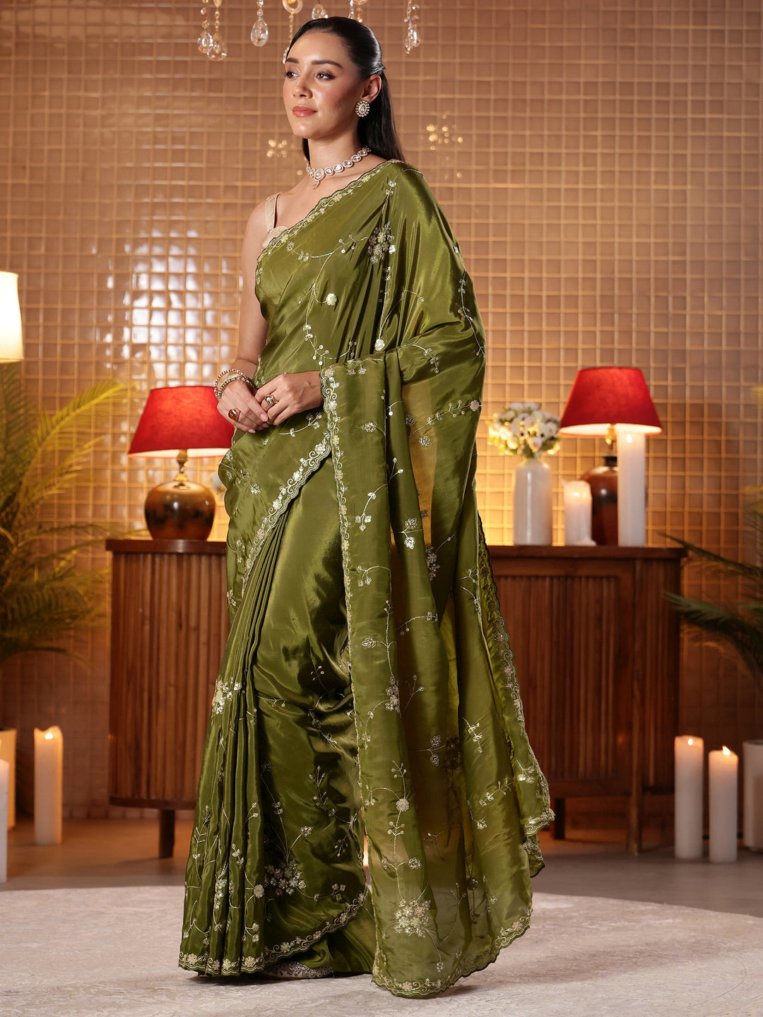  Green Embellished Silk Blend Saree 