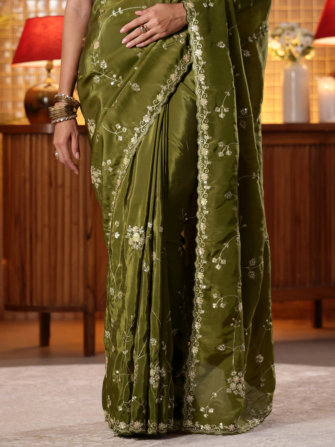  Green Embellished Silk Blend Saree 