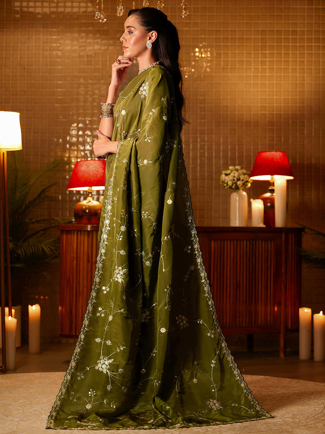 Libas Green Embellished Silk Blend Saree