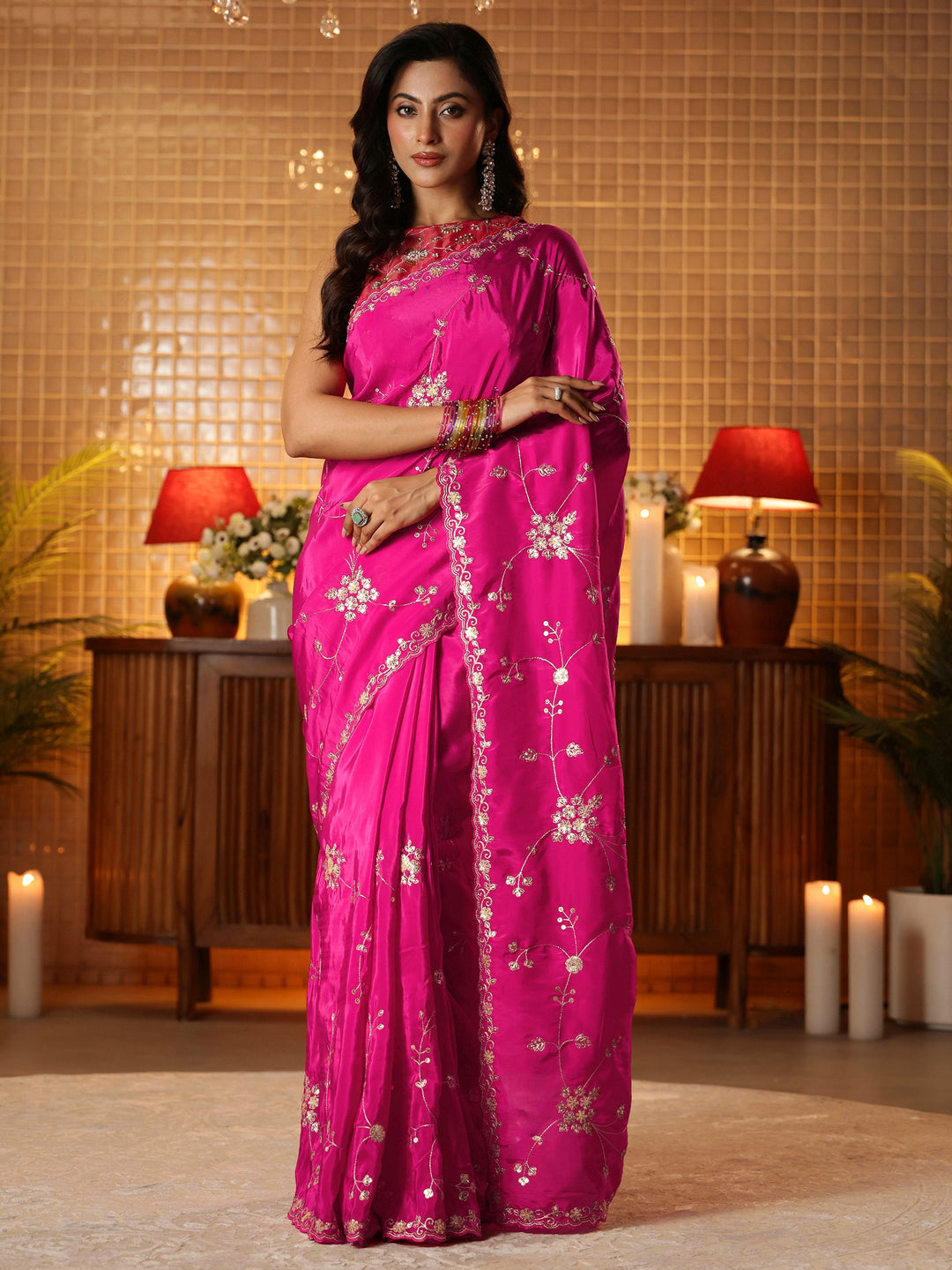  Pink Embellished Silk Blend Saree 