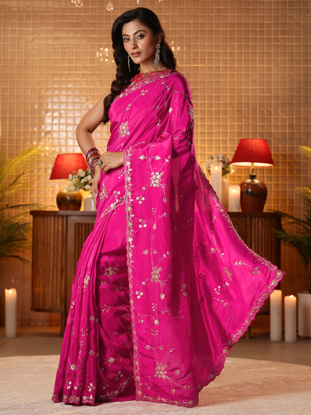  Pink Embellished Silk Blend Saree 