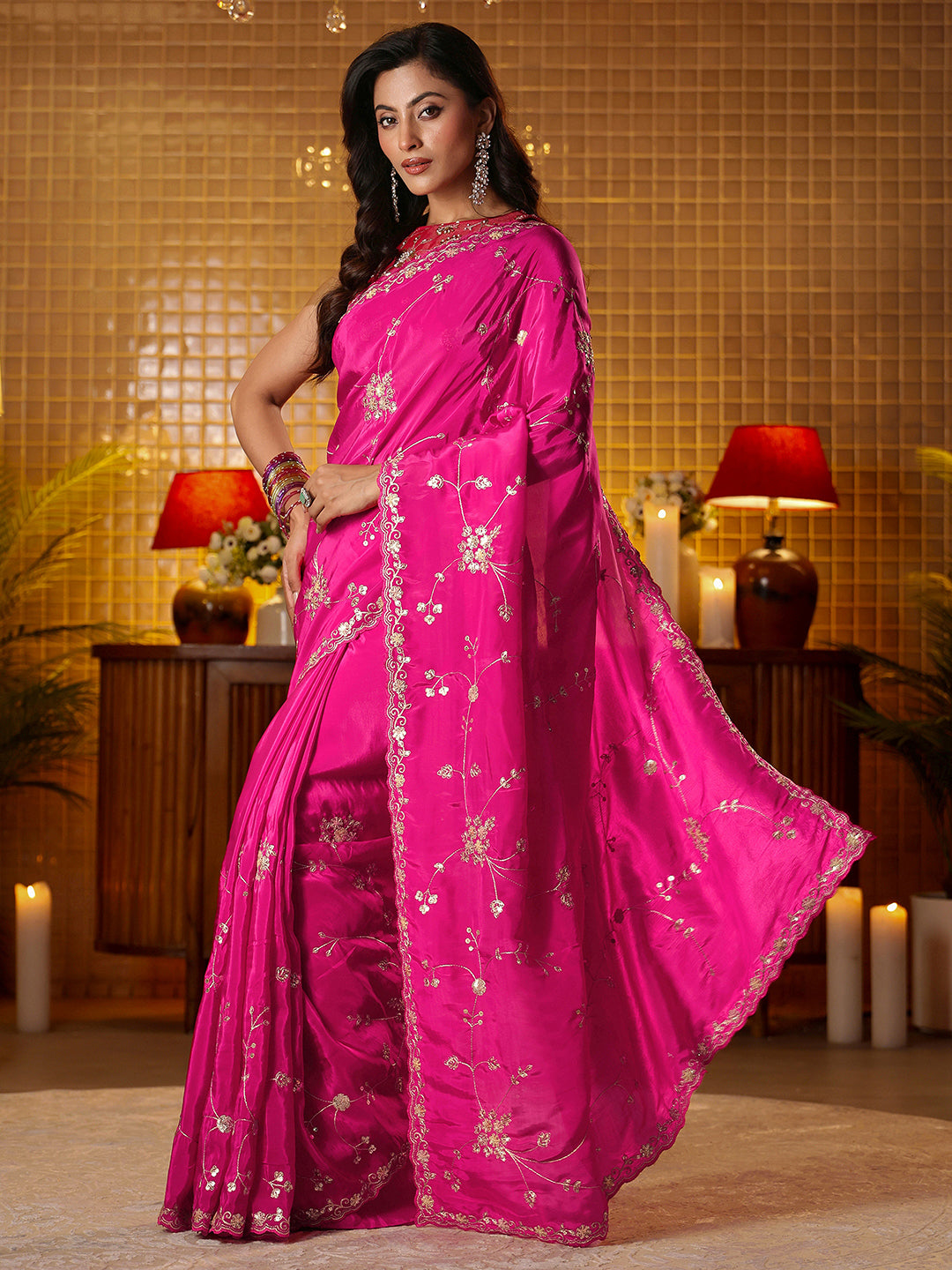  Libas Pink Embellished Silk Blend Saree 