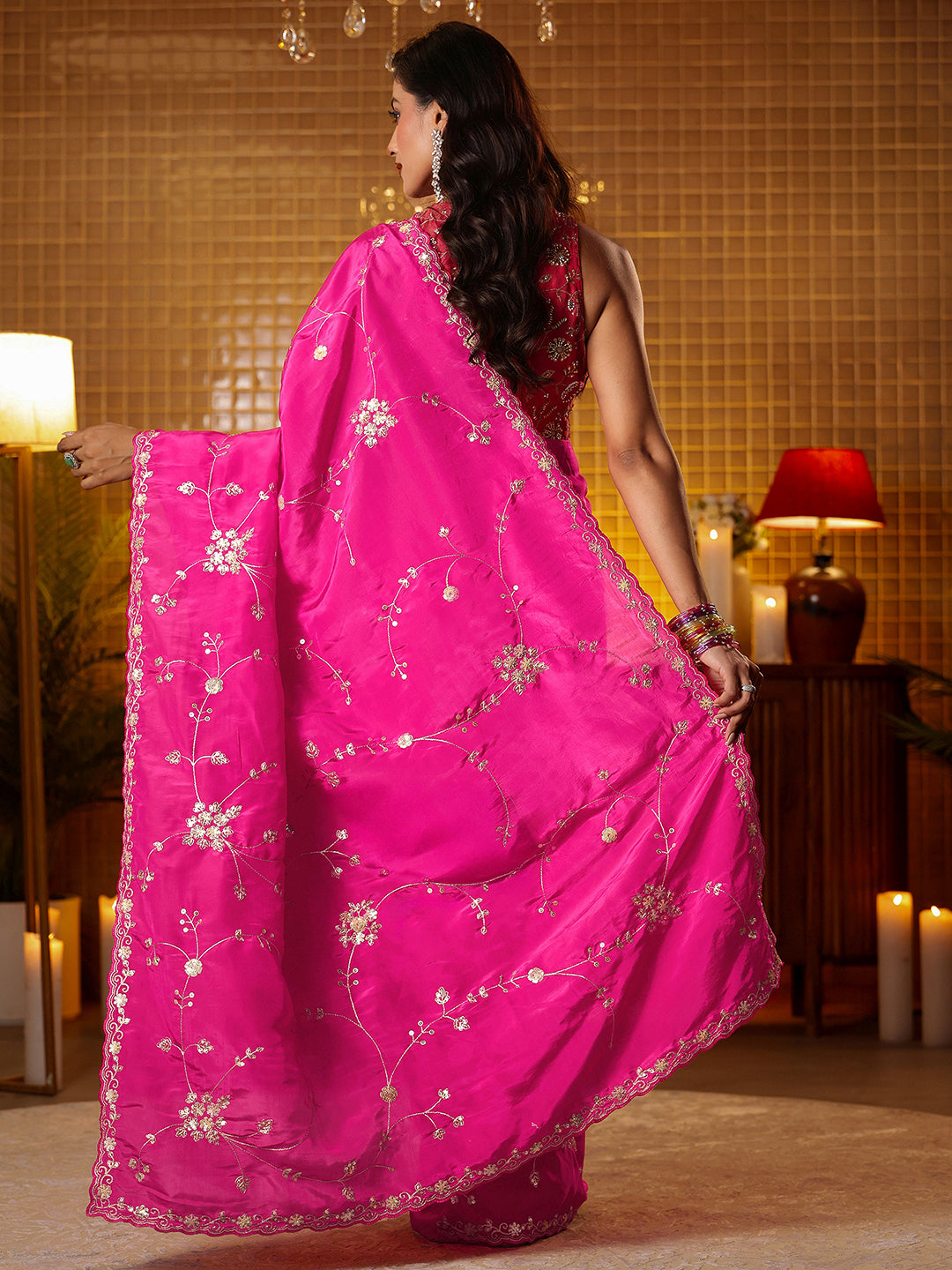  Libas Pink Embellished Silk Blend Saree 