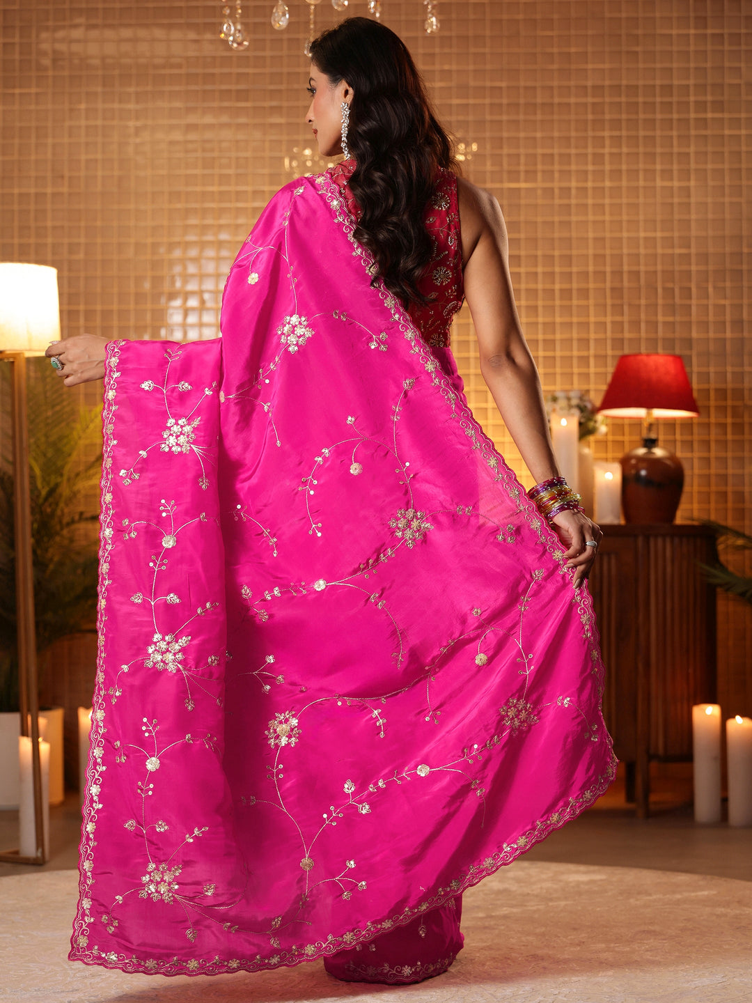  Pink Embellished Silk Blend Saree 