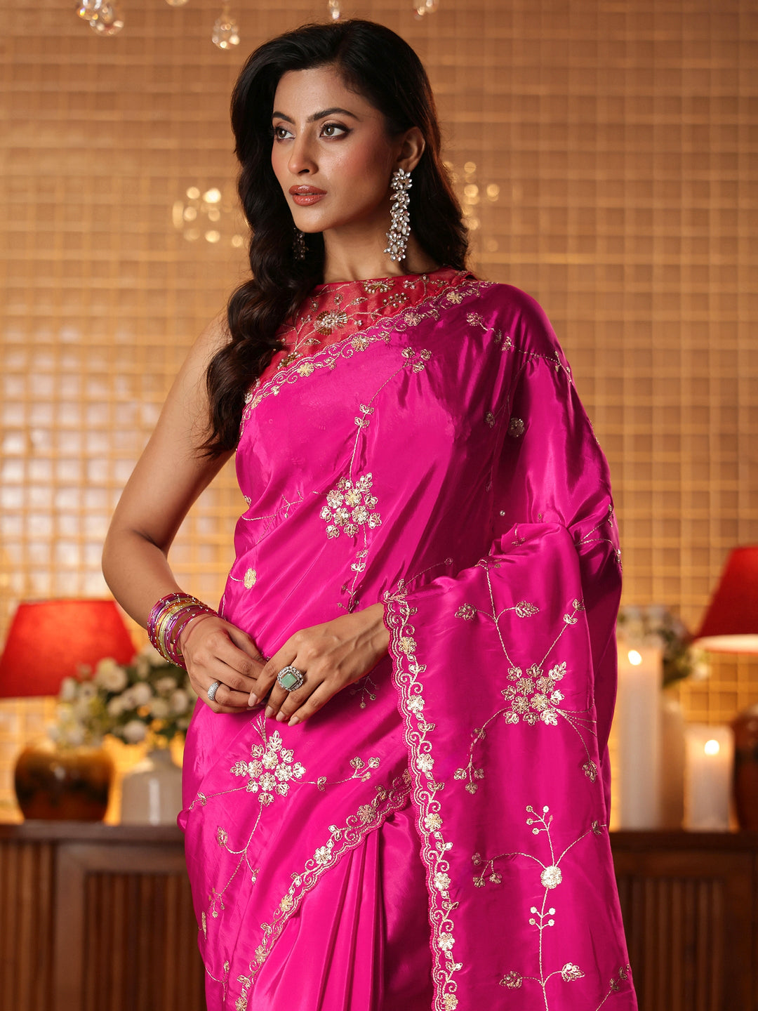  Pink Embellished Silk Blend Saree 