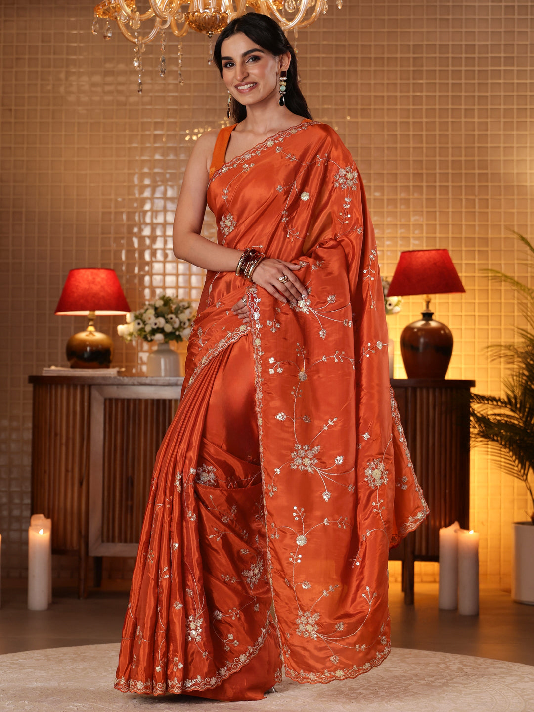  Rust Embellished Silk Blend Saree 