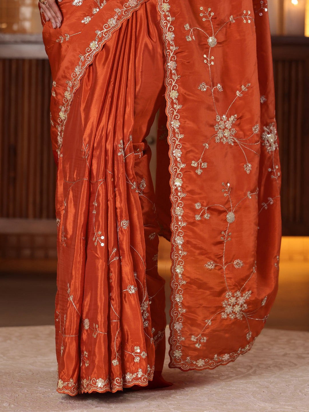  Rust Embellished Silk Blend Saree 