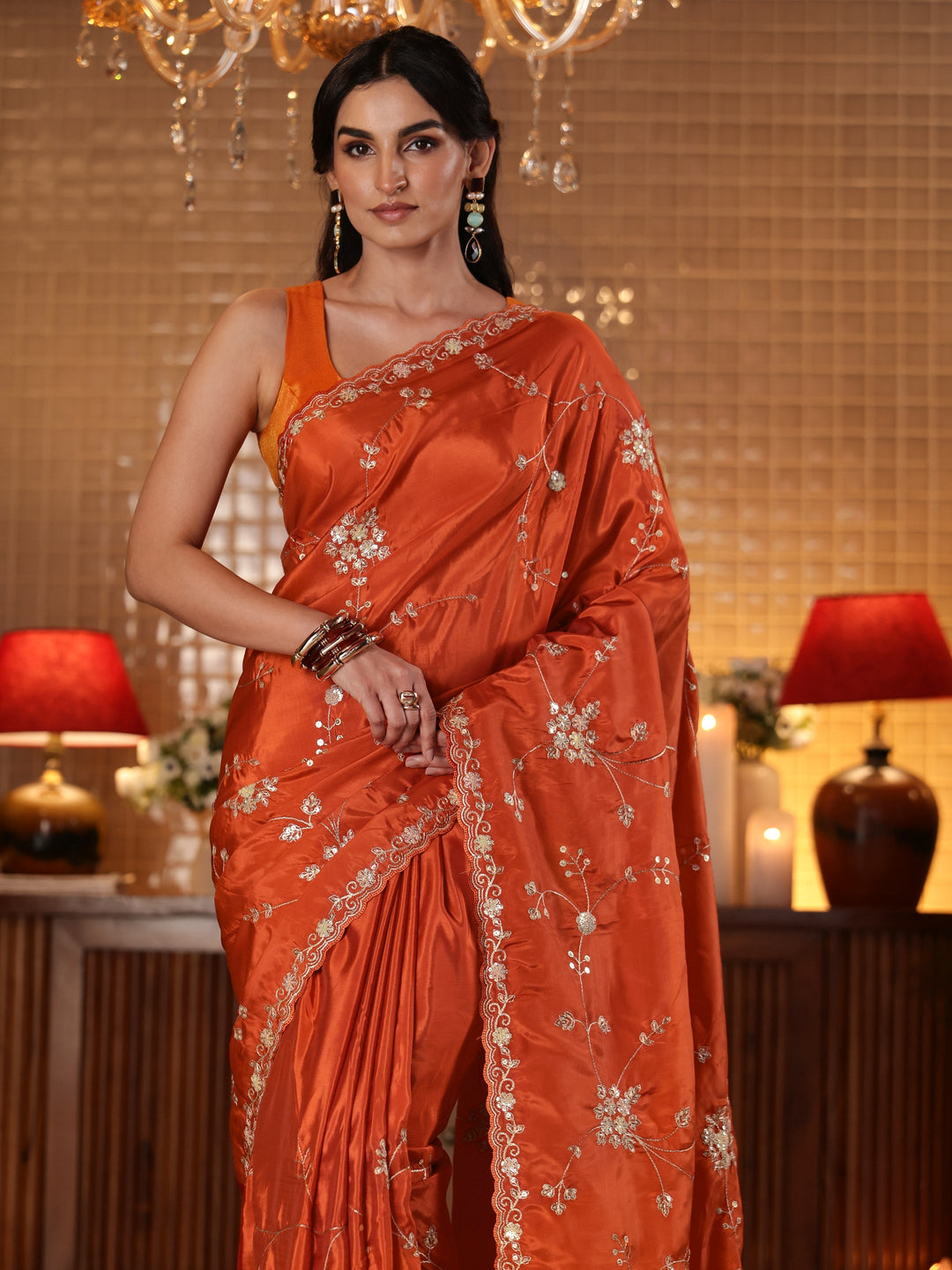  Rust Embellished Silk Blend Saree 