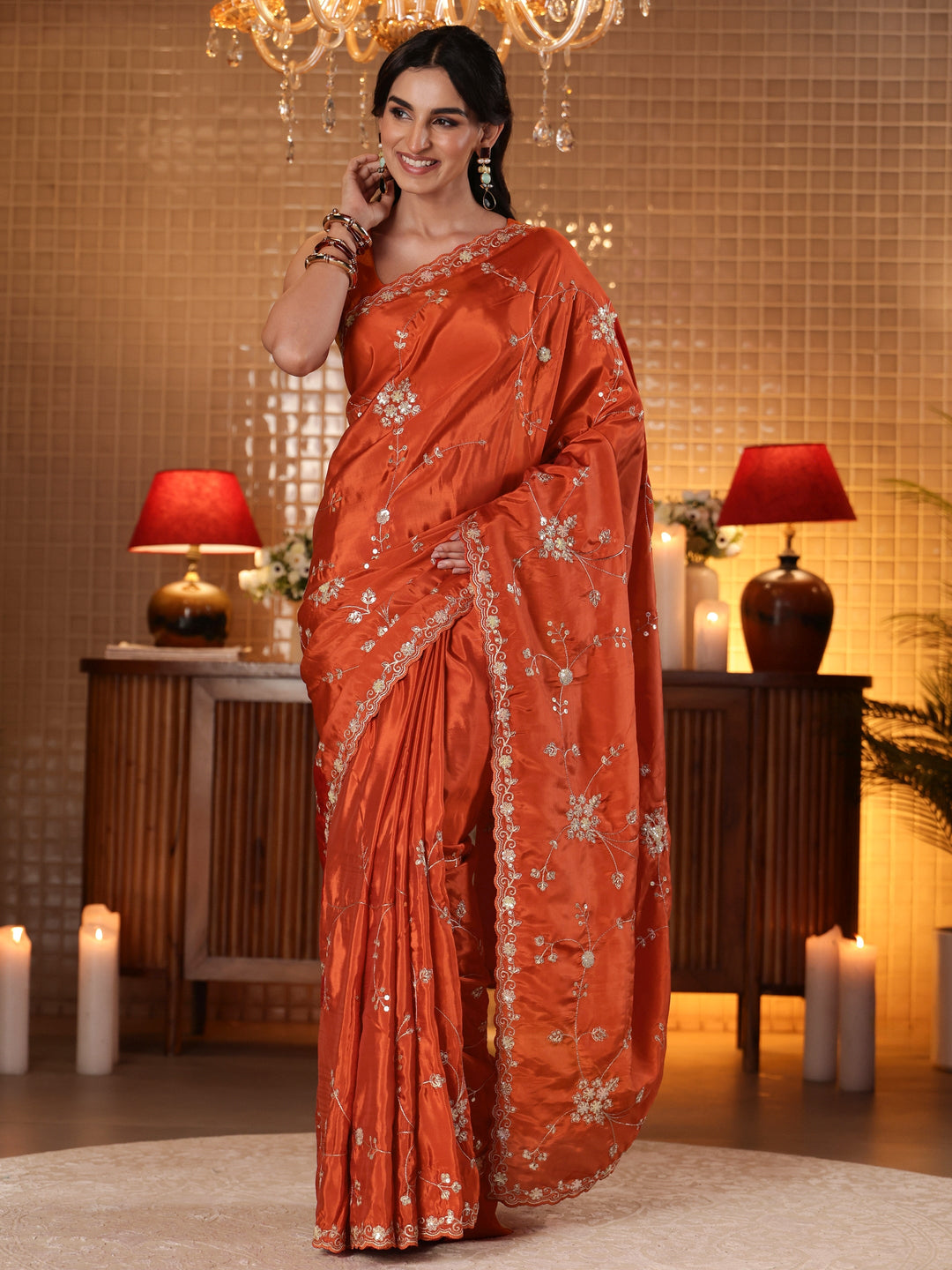  Rust Embellished Silk Blend Saree 