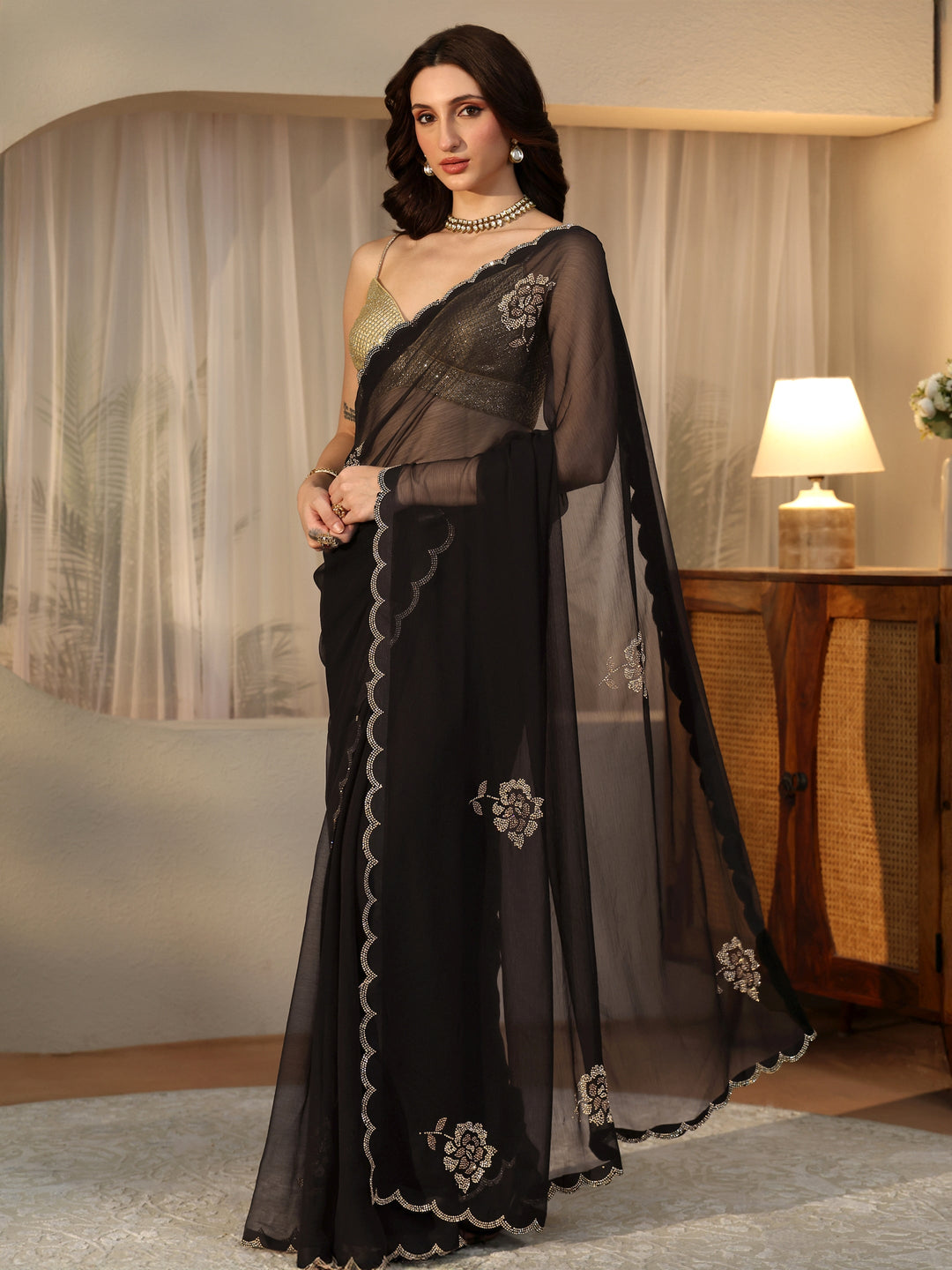  Black Floral Embellished Georgette Saree 