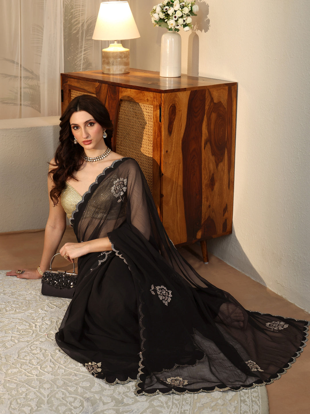  Black Floral Embellished Georgette Saree 