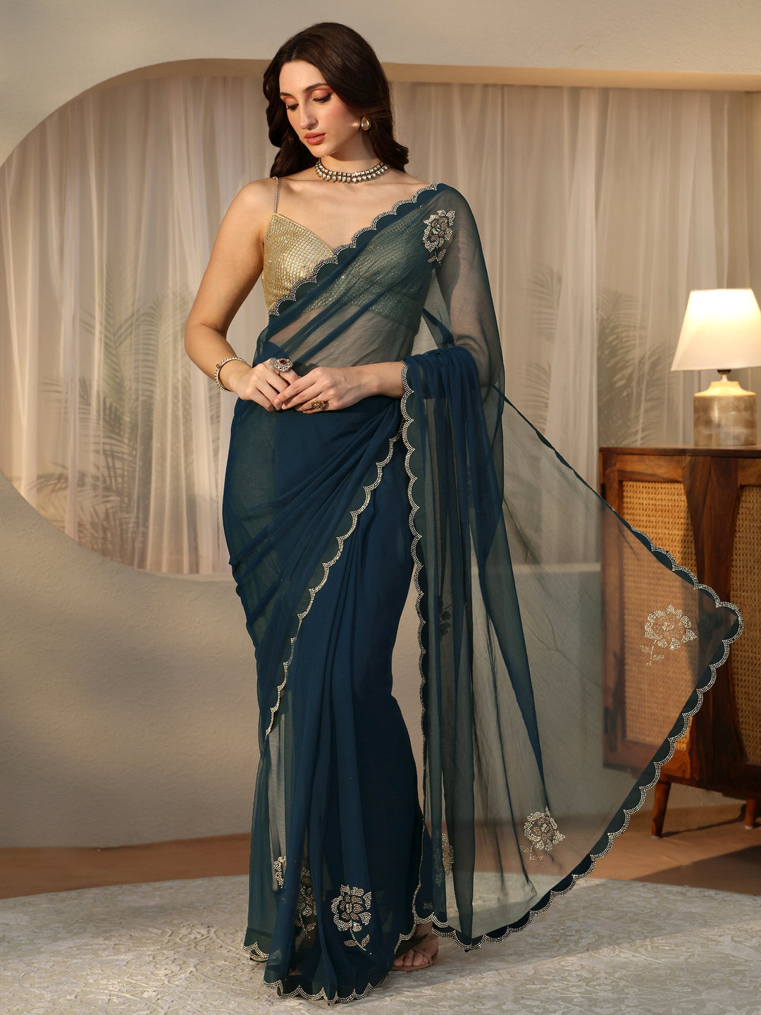  Peacock Blue Floral Embellished Georgette Saree 