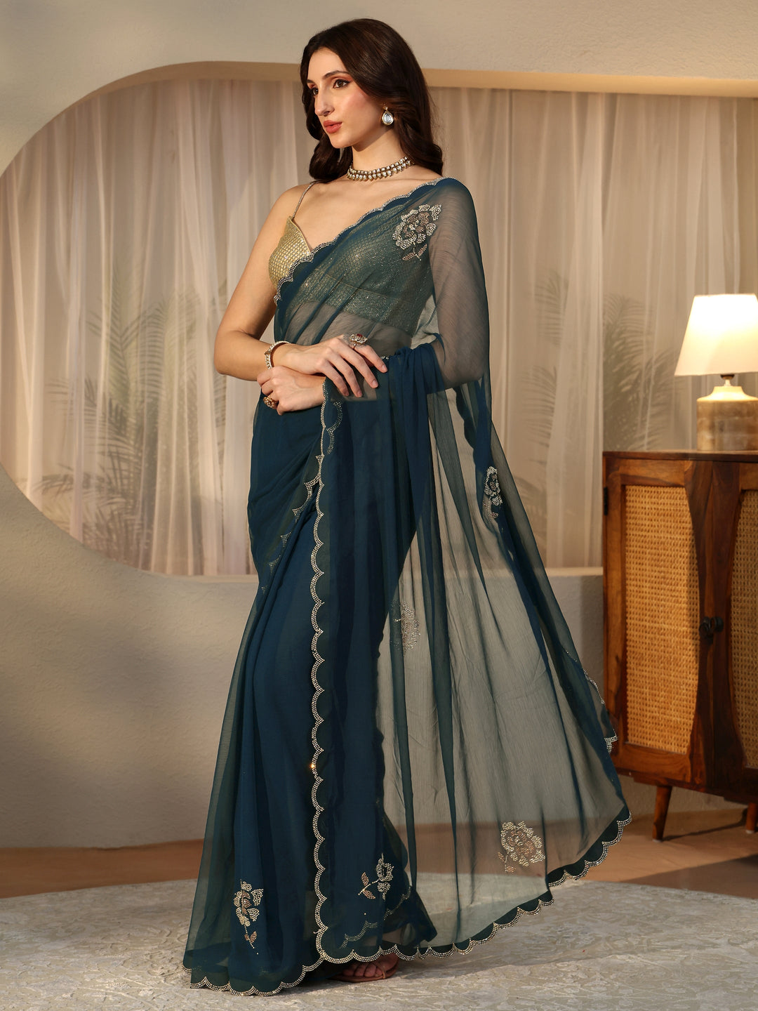  Peacock Blue Floral Embellished Georgette Saree 