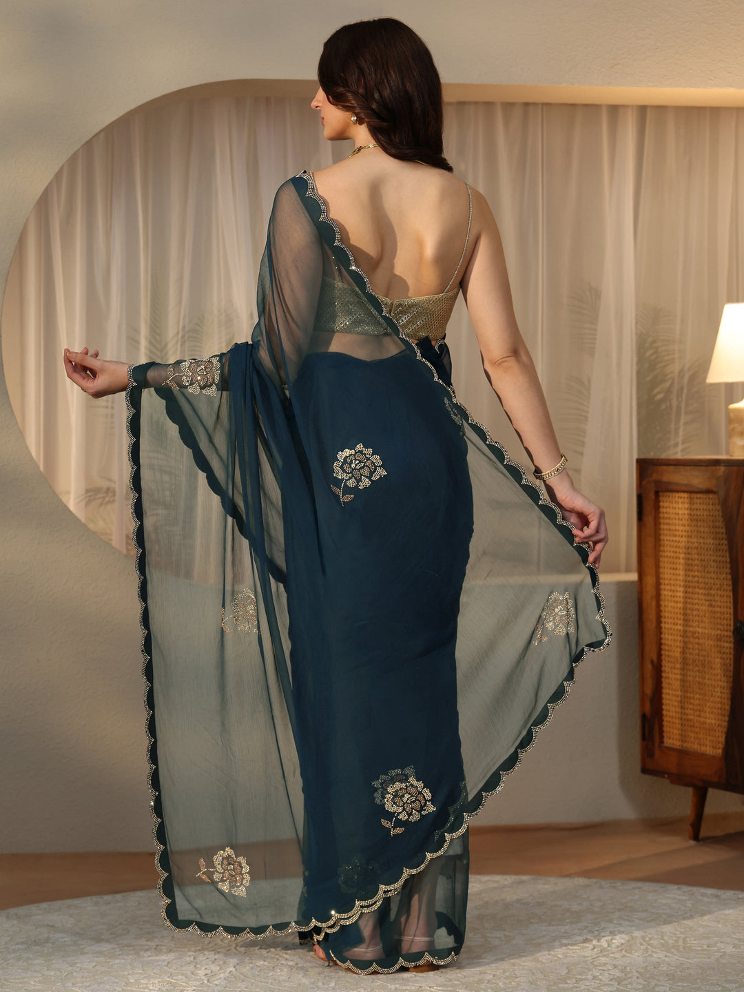  Peacock Blue Floral Embellished Georgette Saree 