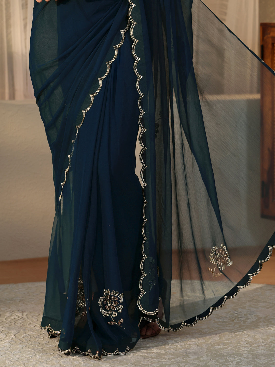  Peacock Blue Floral Embellished Georgette Saree 