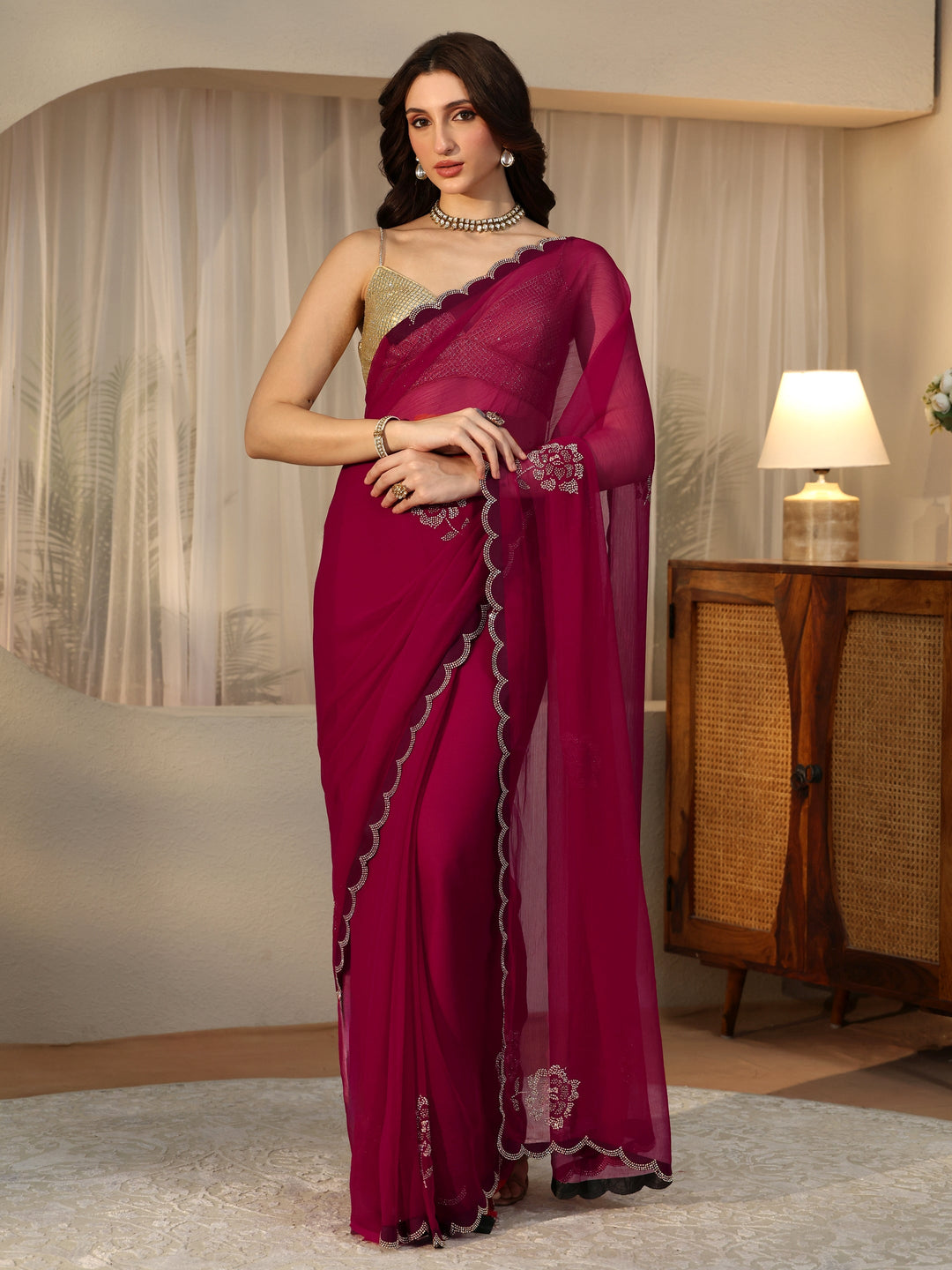  Rani Pink Floral Embellished Georgette Saree 