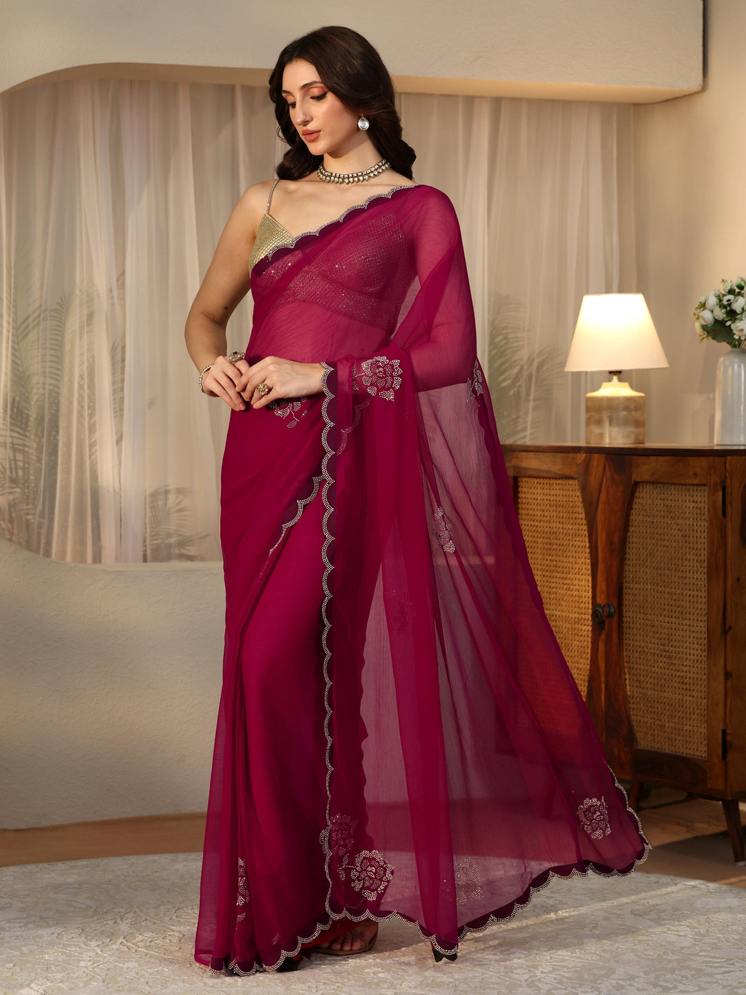  Rani Pink Floral Embellished Georgette Saree 