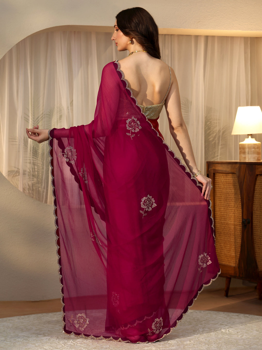  Rani Pink Floral Embellished Georgette Saree 