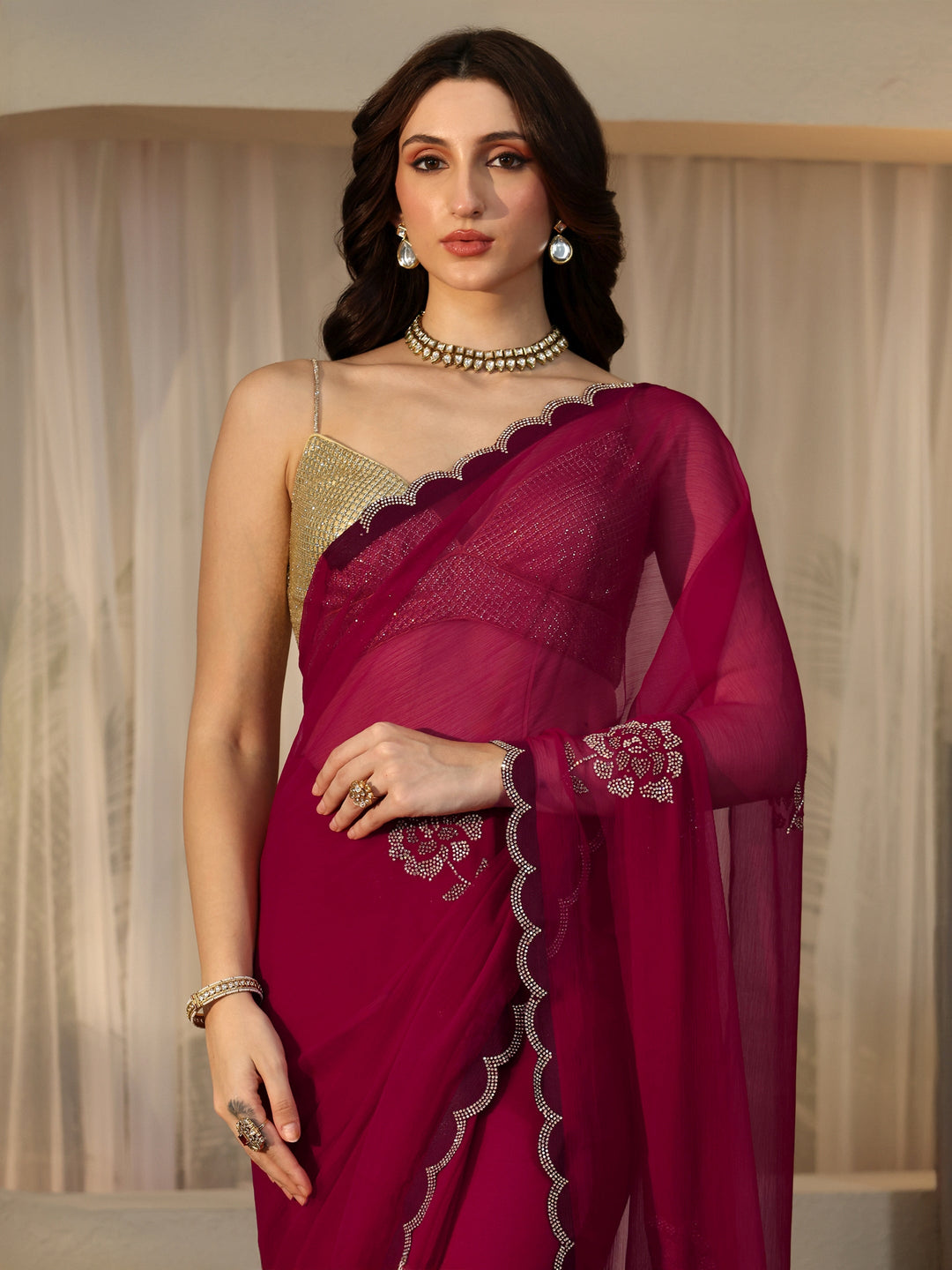  Rani Pink Floral Embellished Georgette Saree 