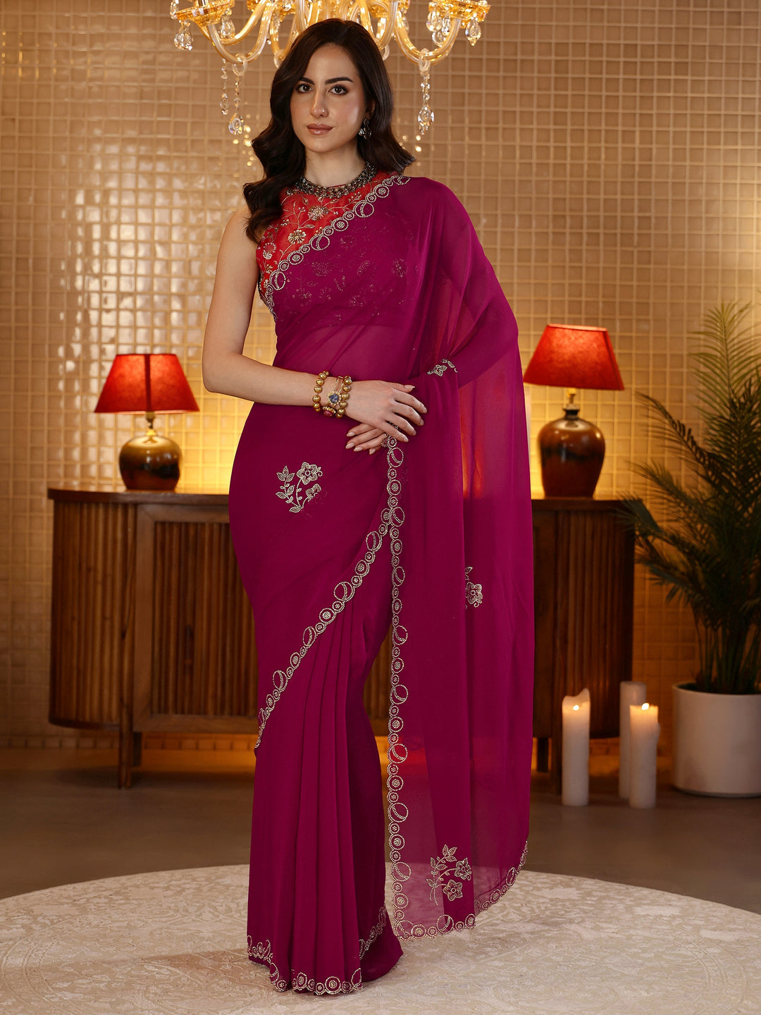  Magenta Pink Embellished Georgette Saree 